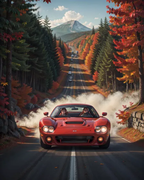 photo RAW, red GT-40_MK1 racing on mountain road, Fall, Quebec, masterpiece, award winning photography, lighting, action shot, dramatic composition, high detail, hyper realistic,dramatic lighting, epic <lora:GT40_MK1:0.61> ,