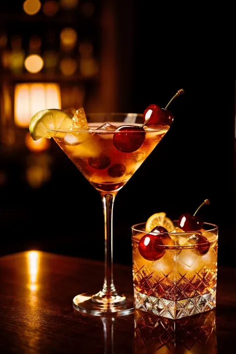 photo RAW,(wallpaper pattern with lots of crystal cocktail glasses with whiskey, ice cubes and cherry, and also lit cigars, Robert Graham style), masterpiece, award winning photography, natural light, perfect composition, high detail, hyper realistic