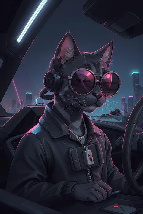 synthwave, cat wearing dark sunglasses driving a sports car
