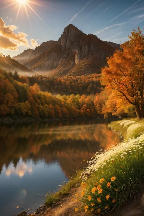 photo RAW,((autumn:1.3) ,sunrise,(sunrays),hills and a wooden village on lake, (Goat's Beard flowers on foreground), lens flare, 4k highly detailed digital art, 8k hd wallpaper very detailed, impressive fantasy landscape, desktop wallpaper, 4k detailed digital art, wallpaper, epic dreamlike fantasy landscape, 4k hd matte digital painting, 8k stunning artwork,Realistic, realism, hd, 35mm photograph, 8k, dusty atmospheric haze, (natural colors, correct white balance, color correction, dehaze,clarity), realistic, detailed, balanced, by Trey Ratcliff, Klaus Herrmann, Serge Ramelli, Jimmy McIntyre, Elia Locardi,Realistic, realism, hd, 35mm photograph, 8k), masterpiece, award winning photography, natural light, perfect composition, high detail, hyper realistic