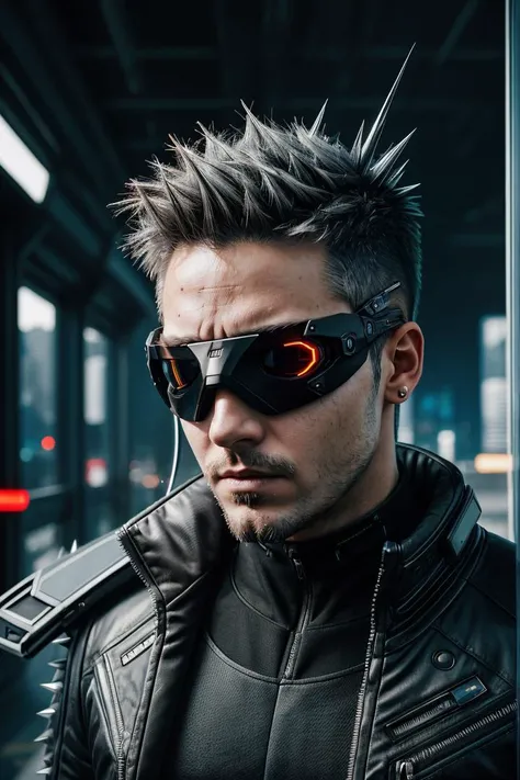photo RAW,(cyberpunk man, quantum wings, cyclops visor, gray spiky hair, portrait, realistic), masterpiece, award winning photography, natural light, perfect composition, high detail, hyper realistic