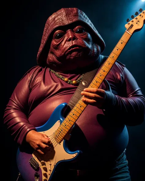 photo RAW,((Jabba the Hutt) holding a fender stratocaster, solo,emotions face, Burgundy and dark_blue colors), masterpiece, award winning photography, lighting, perfect composition, high detail, hyper realistic,dramatic lighting, epic