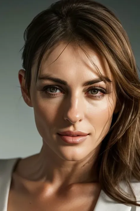 (closeup:1) photo of (CR-ElizabethHurl3y-frankyfrank2k:0.9) as a (young:1.0) woman, (oiled shiny skin:1.0), (slick undercut:1.2) hairstyle,
(8k uhd:1.0), (best quality:1.0), (masterpiece:1.0), (sharp focus:1.0), grey background,