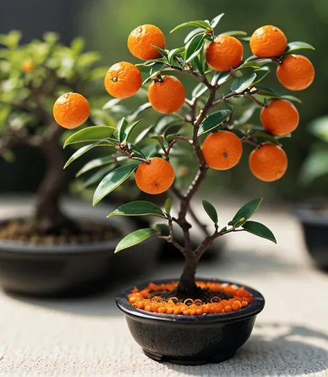 miniature,  (mini orange tree, micro oranges:1.1), bonsai, tilt-shift, depth of field