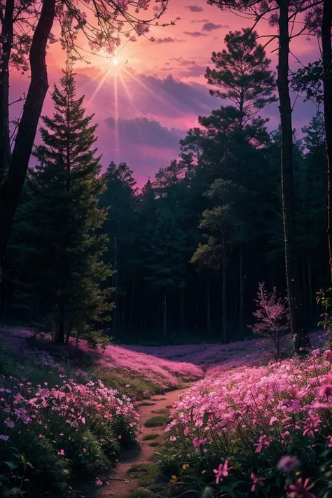 photo RAW,(pink purple sunset in a forest with fireflies and flowers everywhere and very light snow falling from the sky,Realistic, realism, hd, 35mm photograph, 8k), masterpiece, award winning photography, natural light, perfect composition, high detail, hyper realistic, (composition centering, conceptual photography)
