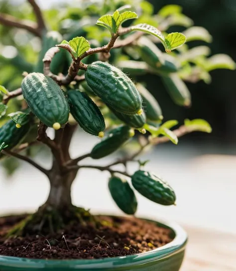miniature, (micro cucumbers on the tree:1.17), bonsai, tilt-shift, depth of field