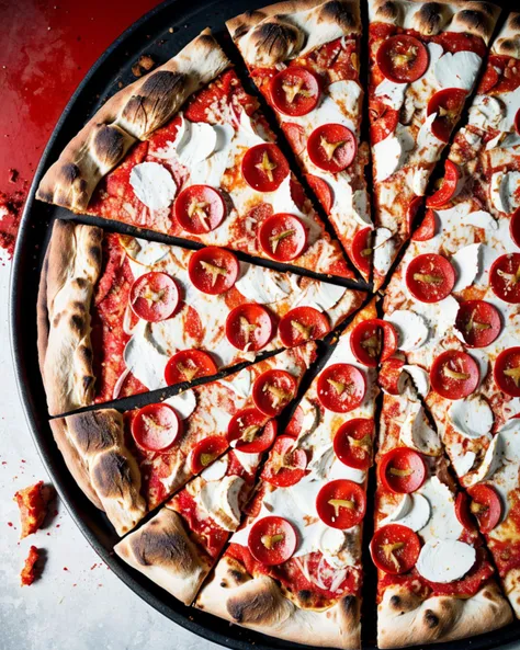 photo RAW,(top view,pizza,explosive splashes of fire,grilled, falling apart, oozing, red and white colors), masterpiece, award winning photography, lighting, perfect composition, high detail, hyper realistic,dramatic lighting, epic