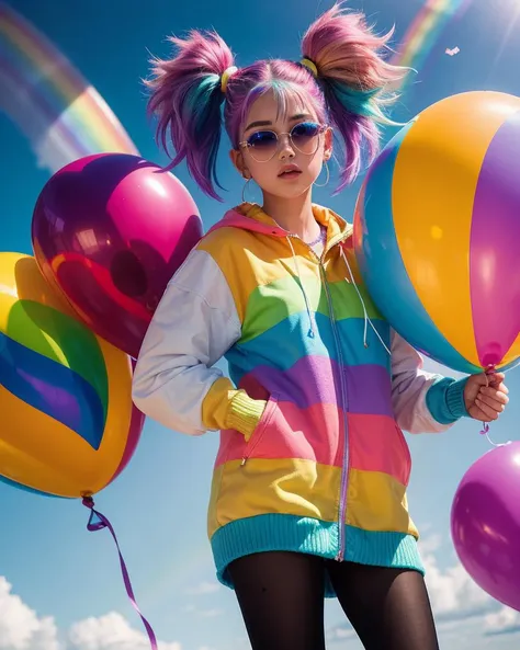 photo RAW,(1 girl, pretty and cute, (rainbow color Highlight Hair,colorful hair:1.4), wearing blue and purple sunglasses, yellow jacket with white pattern, white sweater, many colored balloons, doll face, ponytail braid, perfect detail eyes, delicate face, perfect cg, HD quality, colored balloons, sky ,black boots, Black orange and teal_green colors), masterpiece, award winning photography, lighting, perfect composition, high detail, hyper realistic,dramatic lighting, epic