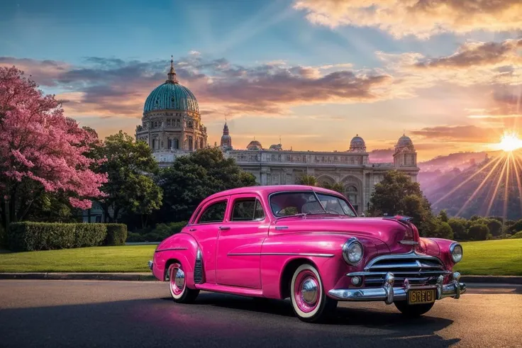 1950s style, retro Fuchsia car Regal,pink sunset,sunrays,(nature, buildings history modern art, amazing unreal background), (natural colors, correct white balance, color correction, dehaze,clarity), <lora:LowRA:0.15> <lora:add_detail:1.25>, RAW photo, full sharp, detailed face (high detailed skin:1.2), 8k uhd, dslr, soft lighting, high quality, film grain, Fujifilm XT3