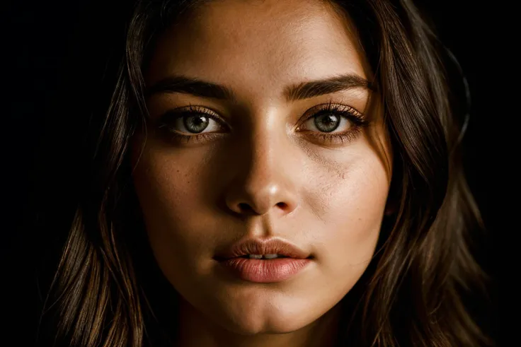 Moody high contrast portrait of a pensive young brunette woman with sparkling eyes, half her face concealed in shadow, tight facial close up, dark background, side lighting revealing her gaze, straight on perspective, in Arnold Newman's dramatic style, <lora:skinny_new_skin:.1> detailed skin, <lora:detailed_eye:.2>