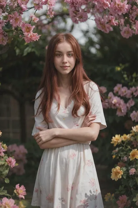 tv_Rosie_Day_A, model pose, happy expression,  ((wearing a flowered summer dress)),full body shot,  Golden Hour, in a flowery garden,  (((relaxed))), "epic-Ultra-HD-details", "epic-Ultra-HD-highlights",       PA7_Human-Likeness