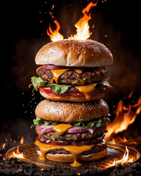 photo RAW,(burger,explosive splashes of fire,grilled, falling apart, oozing,photographic,photo shadows,hyper-realism,realistic), masterpiece, award winning photography, lighting, perfect composition, high detail, hyper realistic,dramatic lighting, epic