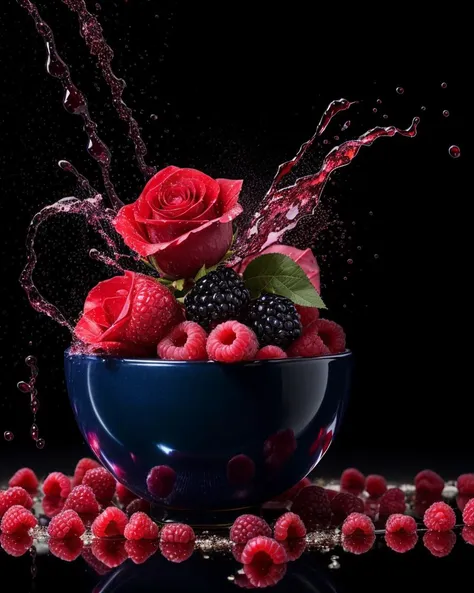 photo RAW,(raspberries, blackberries splashing into a bowl of rose wine, explosion, 4k hd wallpapear, gems and diamonds wet, pomegranate blossoms, wine particles, liquid splashes, black background photorealistic, beautiful uhd 4k art, realistic wine splashing, dripping paints), masterpiece, award winning photography, lighting, perfect composition, high detail, hyper realistic,dramatic lighting, epic, Burgundy and dark_blue colors