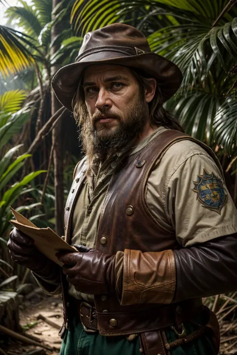 best quality, masterpiece, Dwarves portrait, solo, upper body, detailed background, detailed face, (hogwarts theme:1.1), adventurer, spelunking, focused, tattered leather clothes, shirt, wide brim hat, gloves, parchment scroll, (derelict:0.7) tropical jungle background, dim light, cinematic atmosphere,