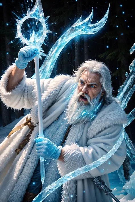 photo RAW,((wide-angle),(fish-eye:0.9),(close-up male:1.5), old wizard scream fighting in winter forest, dressed in a white fur coat, white hair, beard, white tabard, (ice staff, dynamic pose ,action BATTLE magic:1.3),(staff pointing towards the camera:1.3),(particle (blue flame) effect illumination:1.3),(snowstorm),(ice splashing:1.3)), masterpiece, award winning photography, natural light, perfect composition, high detail, hyper realistic