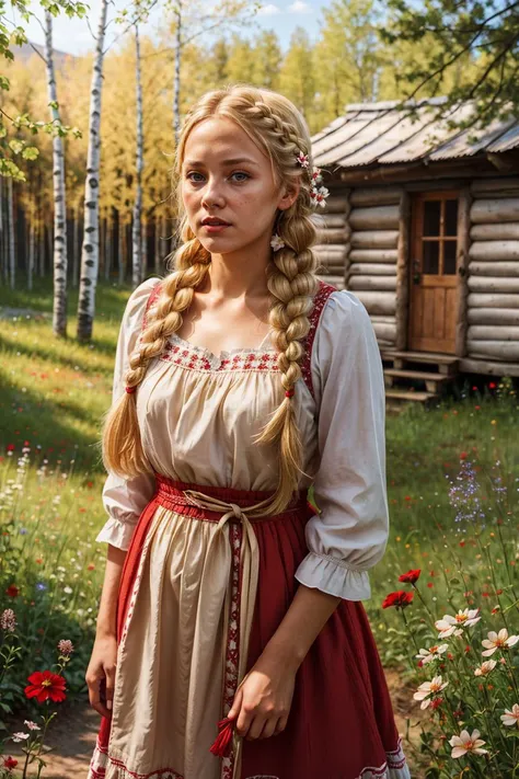 photo RAW,(a blonde girl in red white dress,braid,stand outdoor in Russian wooden village, summer,sunday,flowers,birch trees,(skin tone)), masterpiece, award winning photography, natural light, perfect composition, high detail, hyper realistic