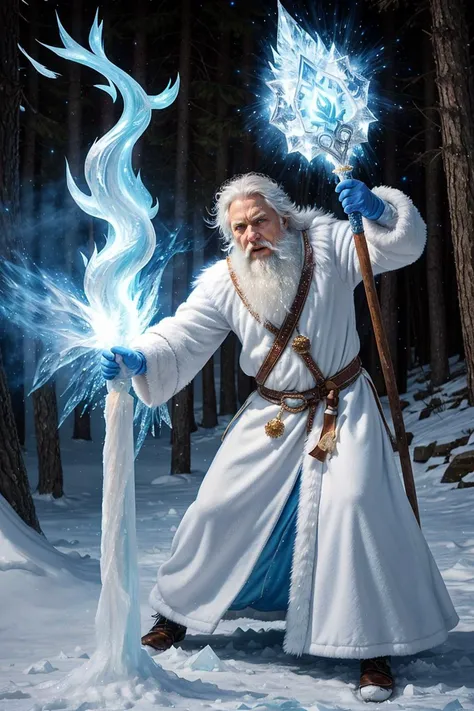 photo RAW,((wide-angle),(fish-eye:0.9),(close-up male:1.5), old wizard scream fighting in winter forest, dressed in a white fur coat, white hair, beard, white tabard, (ice staff, dynamic pose ,action BATTLE magic:1.3),(staff pointing towards the camera:1.3),(particle (blue flame) effect illumination:1.3),(snowstorm),(ice splashing:1.3)), masterpiece, award winning photography, natural light, perfect composition, high detail, hyper realistic