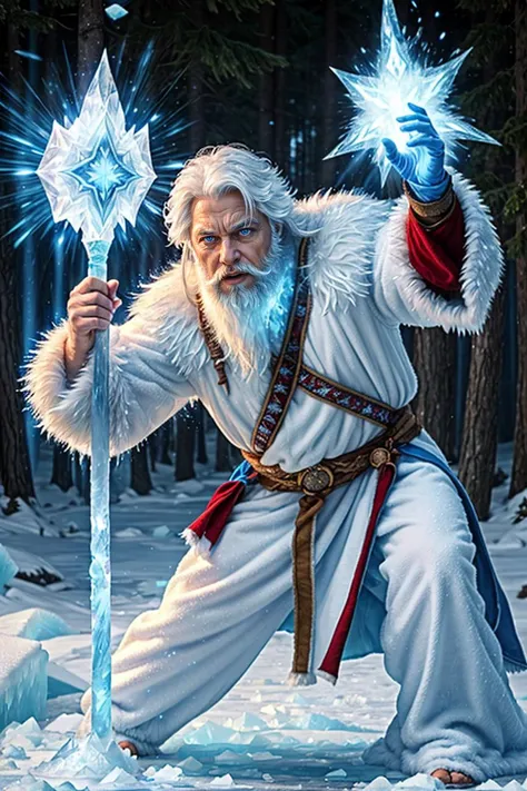 photo RAW,((wide-angle),(fish-eye:0.9),(close-up male:1.5), old wizard scream fighting in winter forest, dressed in a white fur coat, white hair, beard, white tabard, (ice staff, dynamic pose ,action BATTLE magic:1.3),(staff pointing towards the camera:1.3),(particle (blue flame) effect illumination:1.3),(snowstorm),(ice splashing:1.3)), masterpiece, award winning photography, natural light, perfect composition, high detail, hyper realistic