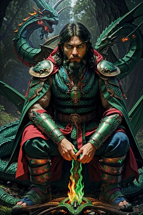 photo RAW,(1boy, athletic male in ornate heavy armor, black hair, multicolored beard, blue eyes, red cape, (sitting on a flame( green demon dragon:1.2)) in dark forest), masterpiece, award winning photography, lighting, perfect composition, high detail, hyper realistic,dramatic lighting, epic