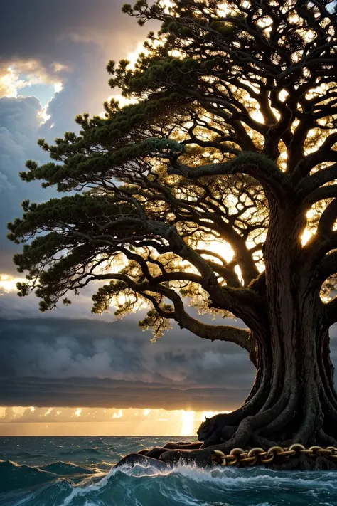 photo RAW,(ultra-wide angle,stormy ocean, (island), big old oak tree, (golden chain hanging on the tree:1.1), (big black cat sitting on tree:1.1)), masterpiece, award winning photography, lighting, perfect composition, high detail, hyper realistic,dramatic lighting, epic