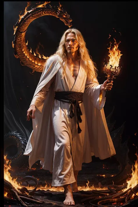 (dynamic pose:1.3),(dynamic camera:1.3),photo RAW,(A handsome and slender Chinese man with long white hair, walking amidst black flames, wearing a white robe, with golden dragon scale patterns on his face), masterpiece, award winning photography, natural light, perfect composition, high detail, hyper realistic,photo shadows,photographic,realistic