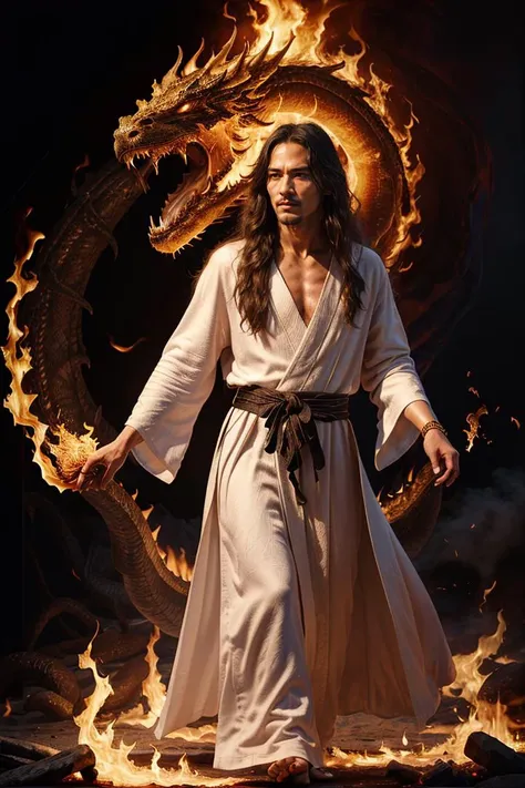 (dynamic pose:1.3),(dynamic camera:1.3),photo RAW,(A handsome and slender Chinese man with long white hair, walking amidst black flames, wearing a white robe, with golden dragon scale patterns on his face), masterpiece, award winning photography, natural light, perfect composition, high detail, hyper realistic,photo shadows,photographic,realistic