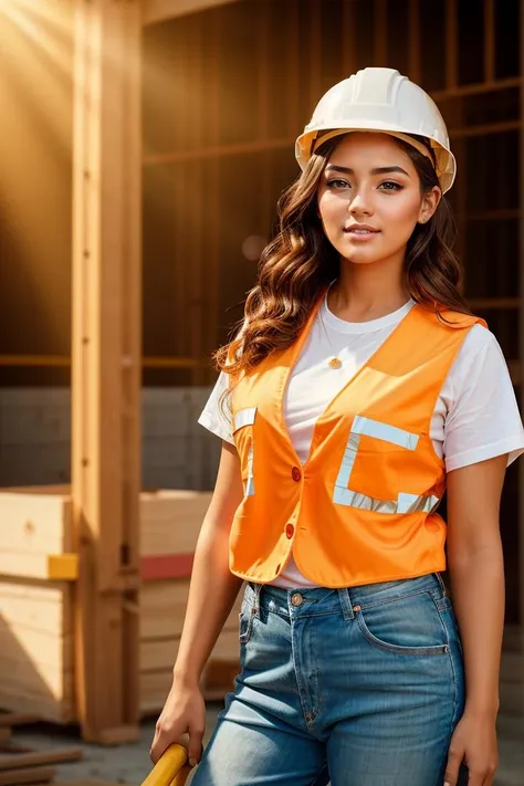 photo RAW,(a cute woman as a construction worker, detailed, sunrays, sunlight, cinematic lighting, professional colorgraded), masterpiece, award winning photography, natural light, perfect composition, high detail, hyper realistic,lens flare,Timeless Elegance, Classic Tones, Refined Lighting, depth of field,sharp focus