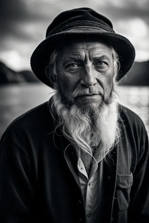 photo RAW,(Black and white portrait of a grizzled old fisherman, inspired by the works of Sebastio Salgado, with intense contrast and fine detail), masterpiece, award winning photography, natural light, perfect composition, high detail, hyper realistic,lens flare,Timeless Elegance, Classic Tones, Refined Lighting, depth of field,sharp focus
