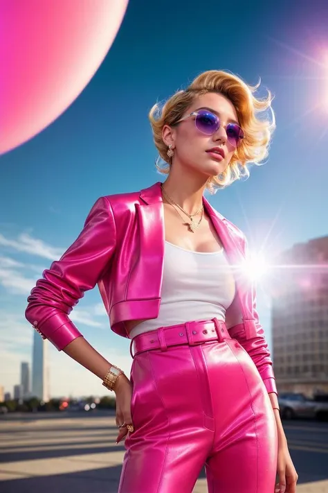 photo RAW,((close-up) American character design,vogue, prada, versace, Neon Sunglasses, glamourous, fashion world, editorial, fashion, magazine shoot, fluff, dreamy glow, extraterrestrial, fantastic realism, kitsch outfit, sunrays, pastel,cotton dof, (composition centering, conceptual photography),luminogram, sharp focus, colorful, clear, detailed), masterpiece, award winning photography, natural light, perfect composition, high detail, hyper realistic,lens flare,Timeless Elegance, Classic Tones, Refined Lighting, depth of field,sharp focus