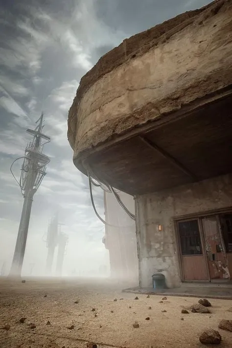 (masterpiece),(high quality),dirt, the_observer, concrete and shiny metal, desert, fog, mist, fujifilm, photorealistic, details, texture, film grain, symmetric, dynamic light, color grading, (disturbing:1.2), <lora:the_observer:1>