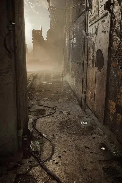 (masterpiece),(high quality),dirt, the_observer, concrete and shiny metal, desert, fog, mist, fujifilm, photorealistic, details, texture, film grain, symmetric, dynamic light, color grading, (disturbing:1.2),  <lora:the_observer:1>