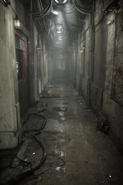 (masterpiece),(high quality),dirt, the_observer, concrete and shiny metal, fog, mist, fujifilm, photorealistic, details, texture, film grain, symmetric, dynamic light, color grading, (disturbing:1.2), <lora:the_observer:1>, indoor