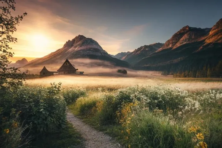 <lora:JZCG001-Realistic natural scenery 1.0:1>,jzcg001, architecture, organic, cottage, fields, reflecions, masterpiece, best quality, sunrise, masterpiece, color grading,<lora:add_detail:0.3>, film grain, eco, symmertism, ((symmetrical)), stars, galaxy, stargaze, photorealistic, retro, field, depth of field, early morning, sun, fog, mist, dramatic light, mountains, pink light