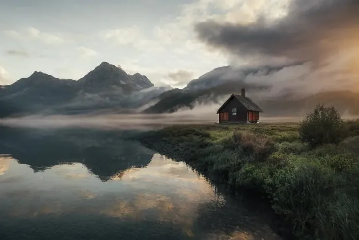 <lora:JZCG001-Realistic natural scenery 1.0:1>,jzcg001, architecture, organic, cottage, fields, reflecions, masterpiece, best quality, sunrise, masterpiece, color grading,<lora:add_detail:0.3>, film grain, eco, symmertism, ((symmetrical)), stars, galaxy, stargaze, photorealistic, retro, field, depth of field, early morning, sun, fog, mist, dramatic light, mountains, pink light