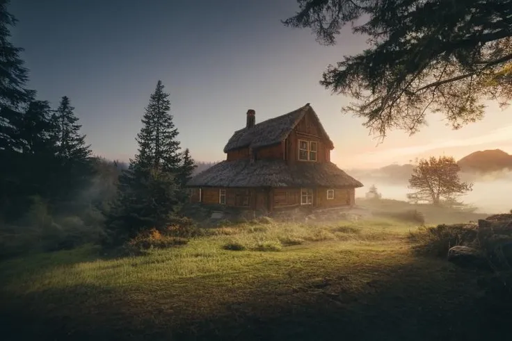 <lora:JZCG001-Realistic natural scenery 1.0:1>,jzcg001, architecture, organic, cottage, fields, reflecions, masterpiece, best quality, sunrise, masterpiece, color grading,<lora:add_detail:0.3>, film grain, eco, symmertism, ((symmetrical)), stars, galaxy, stargaze, photorealistic, retro, field, depth of field, early morning, sun, fog, mist, dramatic light, mountains, pink light