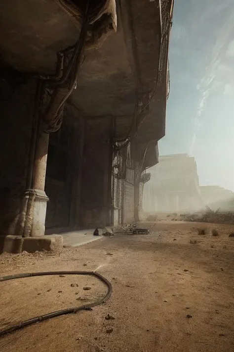 (masterpiece),(high quality),dirt, the_observer, concrete and shiny metal, desert, fog, mist, fujifilm, photorealistic, details, texture, film grain, symmetric, dynamic light, color grading, (disturbing:1.2), <lora:the_observer:1>