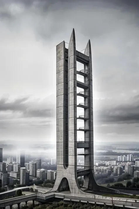 (masterpiece),(high quality), monolith, brick and metal, natural environment, pointed, best quality, rain, thunder, bird 's-eye view, multi-volume block connection, dramatic, outdoors, window, road, sky, street, <lora:xsarchitectural-10superhighrisebuilding:0.3>, photorealistic, realistic, film grain, color grading, bridge in background, depth of field, elevators, architecture, <lora:20_a:0.7>, retro, soviet, megastructure <lora:gaint build-V1:0.7>, Fujifilm XT3, fog,cloudy, concrete