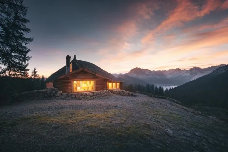 <lora:JZCG001-Realistic natural scenery 1.0:1>,jzcg001, architecture, organic, (modern) (glass) minialistic house on top of the mountain, fields, reflecions, masterpiece, best quality, sunrise, masterpiece, color grading,<lora:add_detail:0.3>, film grain, eco, symmertism, ((symmetrical)), stars, galaxy, stargaze, photorealistic, retro, field, depth of field, early morning, sun, fog, mist, dramatic light, mountains, pink light
