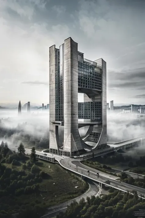 (masterpiece),(high quality), monolith, brick and metal, natural environment, pointed, best quality, rain, thunder, bird 's-eye view, multi-volume block connection, dramatic, outdoors, window, road, sky, street, <lora:xsarchitectural-10superhighrisebuilding:0.3>, photorealistic, realistic, film grain, color grading, bridge in background, depth of field, elevators, architecture,  <lora:20_a:0.7>, retro, soviet, megastructure <lora:gaint build-V1:0.7>, Fujifilm XT3, fog,cloudy