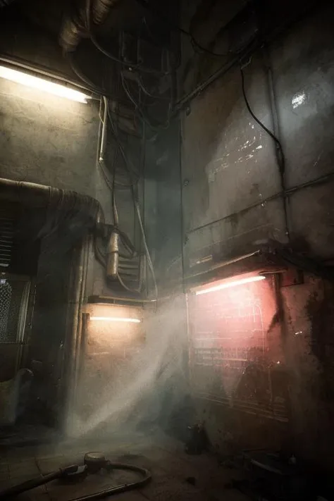 (masterpiece),(high quality),dirt, the_observer, concrete and shiny metal, fog, mist, fujifilm, photorealistic, details, texture, film grain, symmetric, dynamic light, color grading, (disturbing:1.2),  <lora:the_observer:1>, indoor