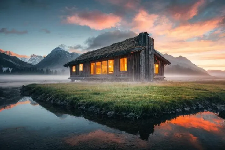 <lora:JZCG001-Realistic natural scenery 1.0:1>,jzcg001, architecture, organic, (modern) (glass) minialistic house on top of the mountain, fields, reflecions, masterpiece, best quality, sunrise, masterpiece, color grading,<lora:add_detail:0.3>, film grain, eco, symmertism, ((symmetrical)), stars, galaxy, stargaze, photorealistic, retro, field, depth of field, early morning, sun, fog, mist, dramatic light, mountains, pink light