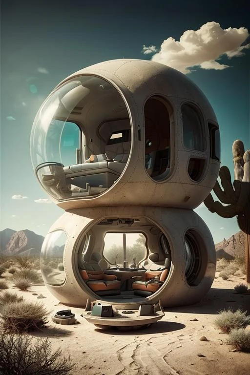a room with a lot of windows and futuristic furniture , tree, desert, no humans, window, ground vehicle, desert scenery, <lora:NatureTech_Residencies:0.6>, film grain, dramatic light, glowing