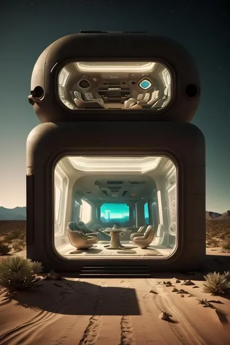 a room with a lot of windows and futuristic furniture , tree, desert, no humans, window, ground vehicle, desert scenery, <lora:NatureTech_Residencies:0.6>, film grain, dramatic light, glowing, evening, tense, holographic, depth of field