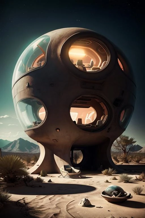 a room with a lot of windows and futuristic furniture , tree, desert, no humans, window, ground vehicle, desert scenery, <lora:NatureTech_Residencies:0.6>, film grain, dramatic light, glowing, darkness, tense, holographic