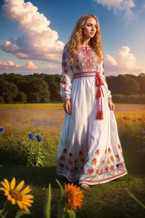 (dynamic pose:1.2),(dynamic camera),photo RAW,((),young_woman in dress,Embroidery,belorussin,long blonde wave hair, standing on flowers field, big cornflowers in foreground <lora:Embroidery:0.75>,(bokeh:1.2)), masterpiece, award winning photography, lighting, perfect composition, high detail, hyper realistic,dramatic lighting, epic