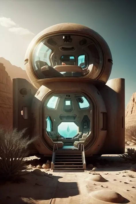 a room with a lot of windows and futuristic furniture , tree, desert, no humans, window, ground vehicle, desert scenery, <lora:NatureTech_Residencies:0.6>, film grain, dramatic light, glowing