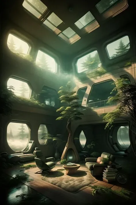 a room with a lot of windows and modern furniture , tree, book, no humans, window, plant, ground vehicle, scenery,  <lora:NatureTech_Residencies:0.6>, film grain, dramatic light, fog, mist