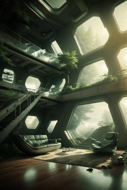 a room with a lot of windows and futuristic furniture , tree, book, no humans, window, plant, ground vehicle, scenery, <lora:NatureTech_Residencies:0.6>, film grain, dramatic light, fog outside, mist, glowing