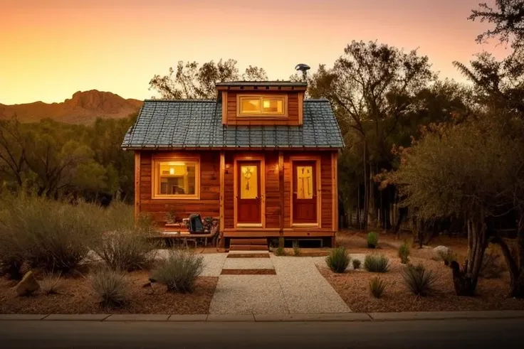 interiortinyhouse, dynamic lighting,high level of detail,Best quality,White background, color grading, cinematic, details, warm colors, symmerical, beautiful, dynamic [crop|shot], depth of field, film grain, candles, cozy, dynamic light, window, textures, evening, minimalistic, tiles, ((masterpiece)), realistic, epic, details, stairs, wood, sharp,  <lora:ARWinteriortinyhouse:1>, modern small house, in tiny house, desert landscape, sunset, golden hour, late evening