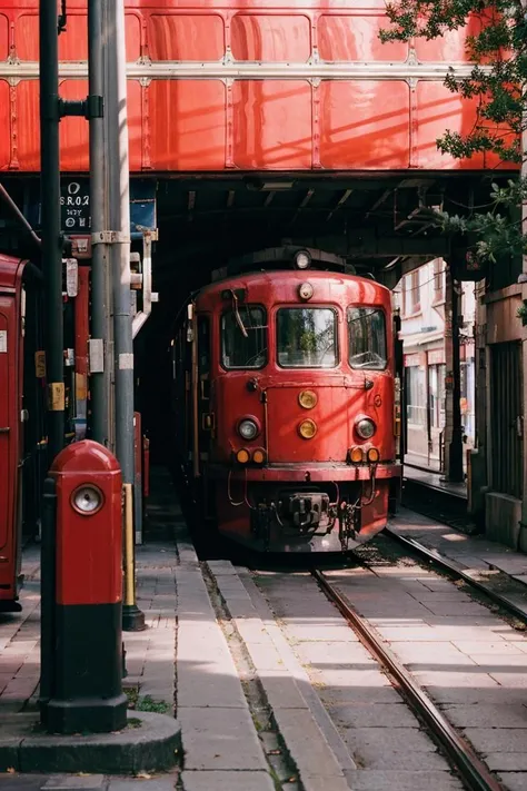 red train on street in city,sunday,sunrays, <lora:LowRA:0.15>, RAW photo, full sharp, wallpapper 8k uhd, dslr, soft lighting, high quality, film grain, Fujifilm XT3